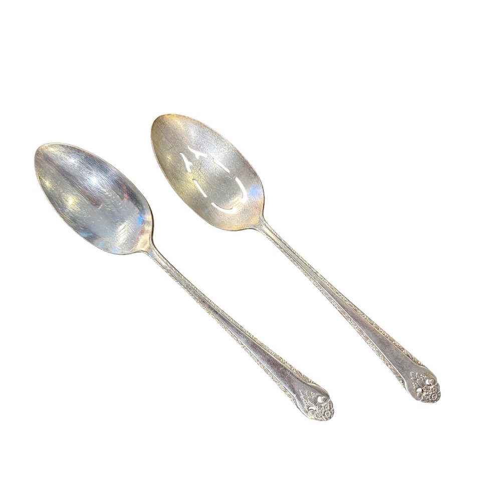 2 Holmes & Edwards Inlaid IS Lovely Lady 1937 Serving Spoons (1 Pierced Slotted)